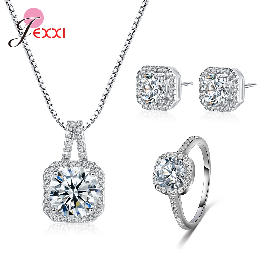 Set di gioielli da sposa di lusso con ago in argento 925 con anello di orecchini con ciondolo pavimentato con intarsio in pietra di zirconi cubici AAA