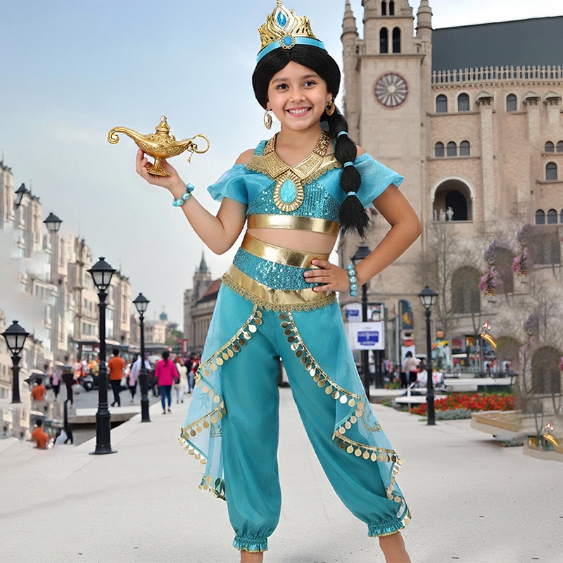 Sukienka Arabskiej Księżniczki dla Dziewczynek, Kostium Jasmine na Halloween, Karnawałowy Strój Cosplay dla Dzieci, Przebranie na Imprezę, Sukienka z Cekinami na Konkurs Piękności dla Dziewczynki
