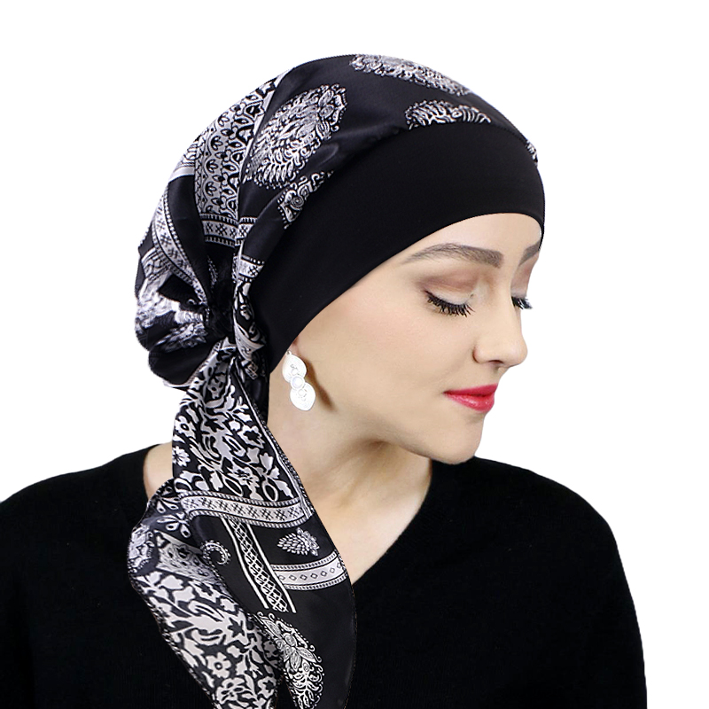 Syal kepala bermotif untuk wanita, Selendang penutup kepala elastis bahan sorban kanker penutup rambut rontok, Bandana melar untuk wanita