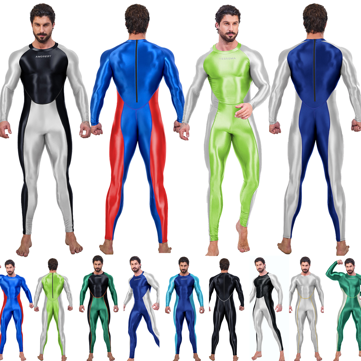 AMORESY Men Oil Glossy Shiny Satin Smooth Sports Tracksuit Long-sleeve Patchwork Bodybuilding Cycling Jumpsuit Bodysuit Catsuit
