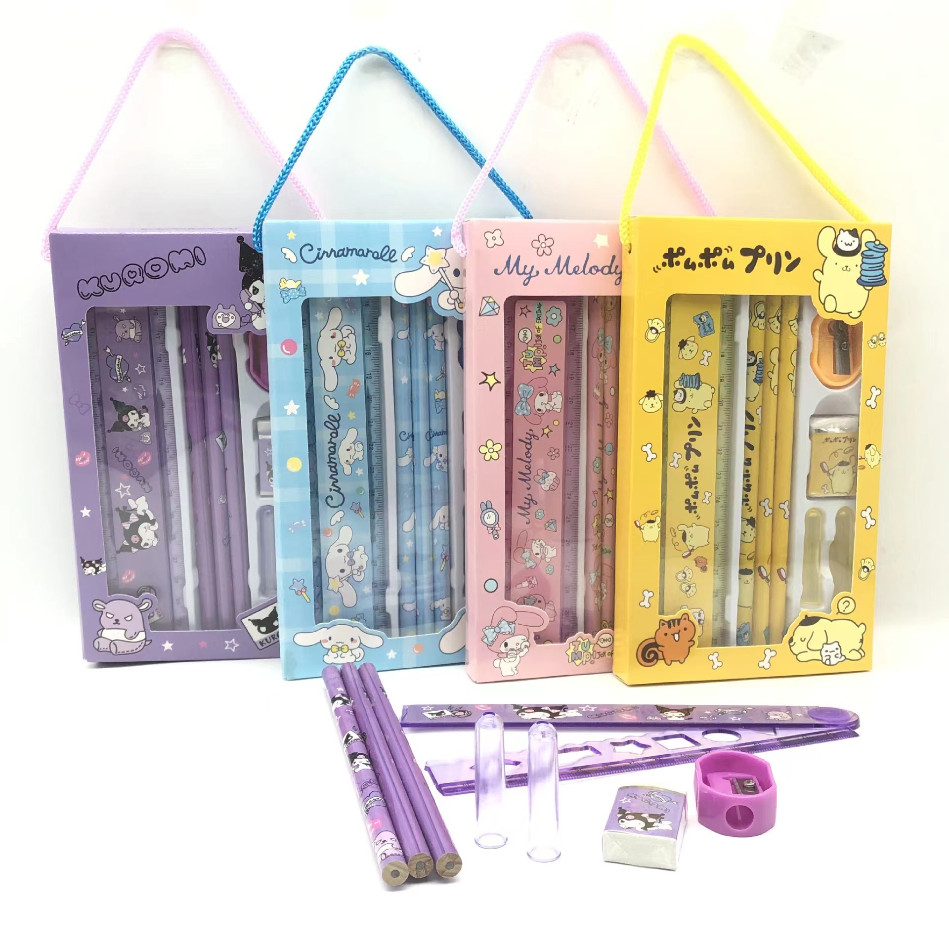 Kawaii Cinnamoroll Kuromi My Melody ดินสอยางลบดินสอ Sharpener ไม้บรรทัดชุดเครื่องเขียนการ์ตูนน่ารักโรงเรียนของขวัญ