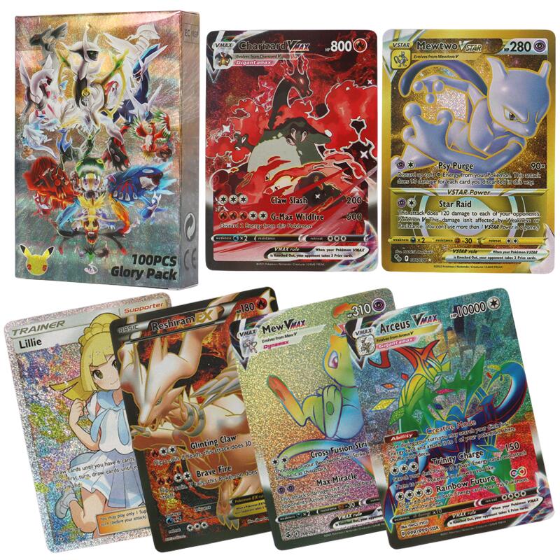 60-100 шт. английские карты покемонов, голографические EX Vstar Vmax GX Letter Rainbow Arceus, блестящий Charizard Mewtwo Evolution, комбинация