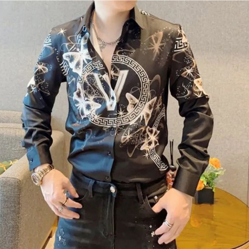 2024 nuevo verano elegante moda gótica suelta Casual camisa de hombre guapo ropa de hombre estampado botón cuello en V manga larga Chic Tops