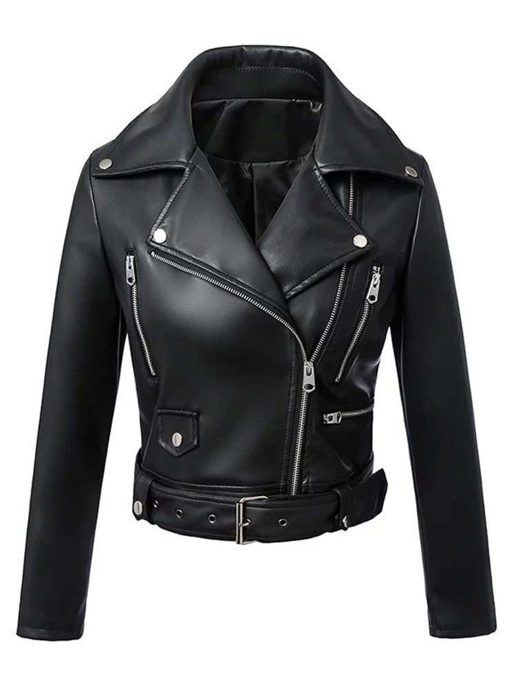 Ailegogo primavera outono mulheres moto motociclista preto plutônio fuax jaqueta de couro streetwear feminino cinto zíper fino ajuste casaco curto outwear