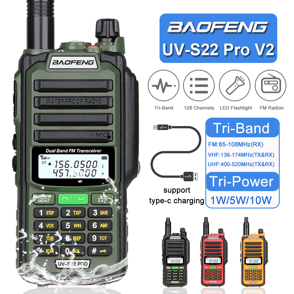 Baofeng UV-S22 PRO V2 IP68 Walkie Talkie à prova d'água Banda dupla 136-174/400-520MHz Rádio presunto 10W Potência 50KM Alcance 128CH Rádio FM