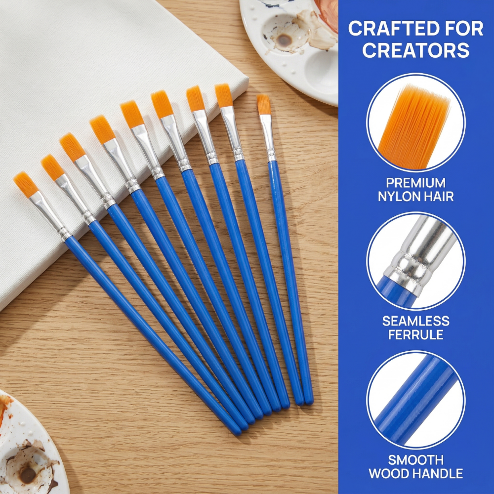 マルチパック ブルー プラスチックハンドル ペイントブラシ、アクリル水彩油絵用の尖った先端と平らな先端、初心者向けのアーティスト用品