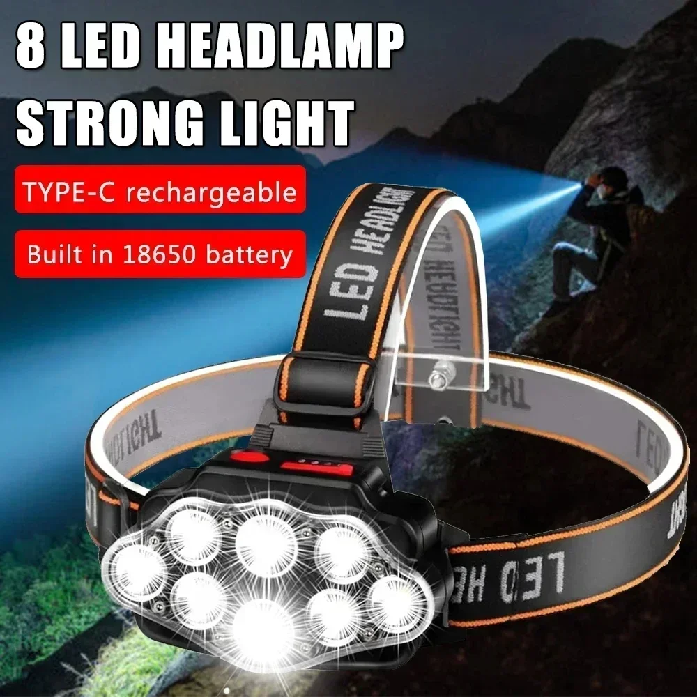 USB wiederaufladbare Stirnlampe, hohes Lumen, helle Stirnlampe mit 8 LED-Scheinwerfern, 4 Modi, IPX4 wasserdicht, Kopf-Taschenlampe