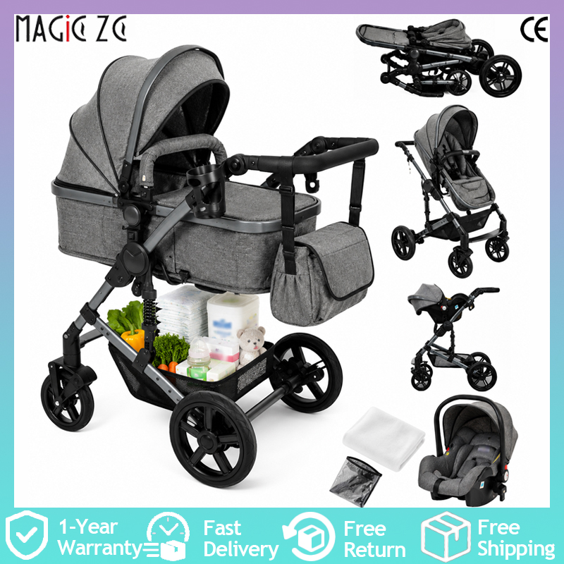 Carrinho de bebê 3 em 1, sistema de viagem, carrinho dobrável com posição alta, estrutura leve de alumínio, assento reversível, encosto reclinável, rodas com absorção de impacto, capota com proteção UV, cesto de grande capacidade, com 6 brindes incluídos