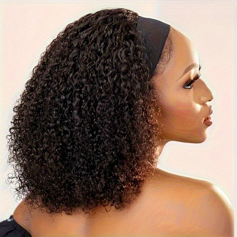 Perucas com Faixa de Cabelo 200% Densidade, Perucas de Cabelo Humano Preto Natural Cacheado Profundo, Prontas para Usar, Peruca com Faixa de Cabelo Cacheado Kinky, Cabelo Humano Ondulado