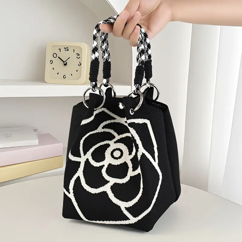 Sac à main tricoté à fleurs pour femmes, sac à bandoulière couleur contrastée, sac à main de plage Portable pour dames, fourre-tout de Shopping