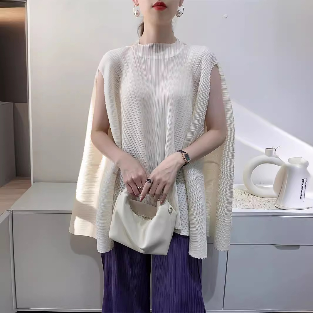 Miyake-Camiseta plisada de talla grande para mujer, Tops con diseño de nicho, camiseta holgada de manga corta plisada de gama alta para verano 2025