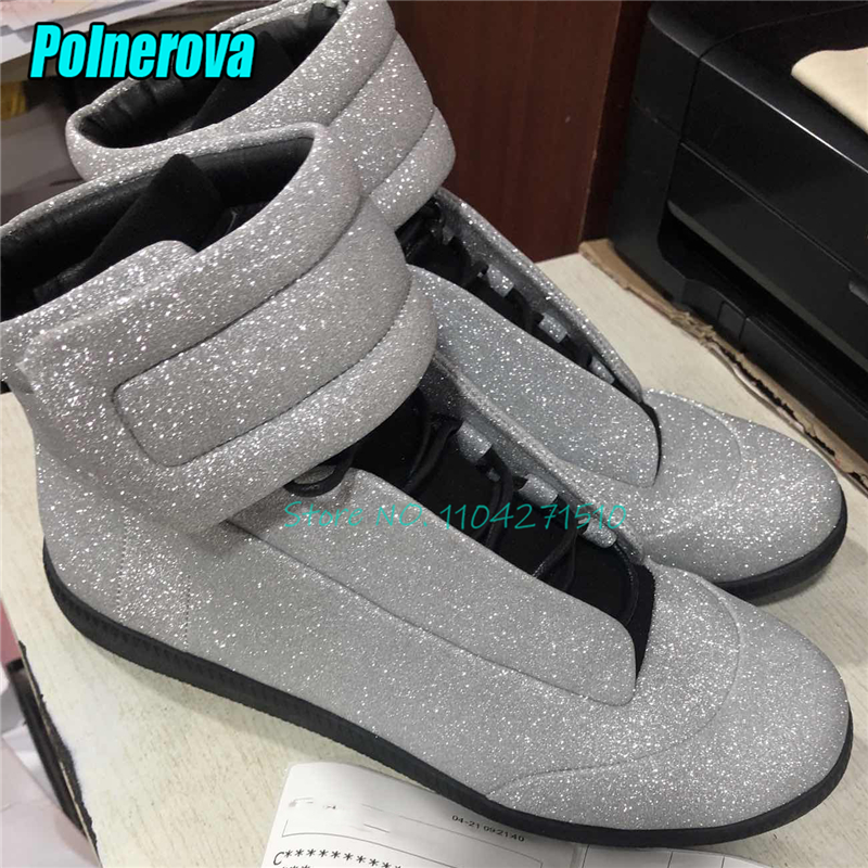 Zapatillas altas de cuero genuino brillante, diseño de marca, suela gruesa con cordones, botas planas para hombre, zapatos informales para parejas de Otoño Invierno