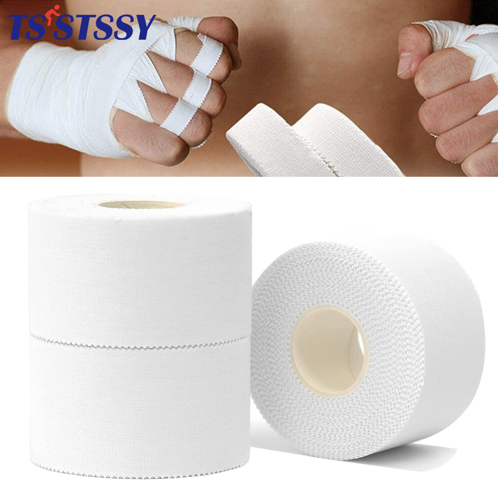 1 rotolo di nastro sportivo in cotone bianco, nastro sportivo, benda elastica adesiva, ginocchio, polso, caviglie, supporto muscolare, facile da strappare