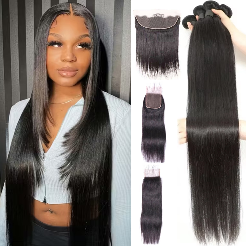 Extensiones de cabello humano liso 12A con cierre de encaje 2x 6/5x5, mechones virgen brasileños sin procesar, 100% cabello crudo, entrega en 3 días