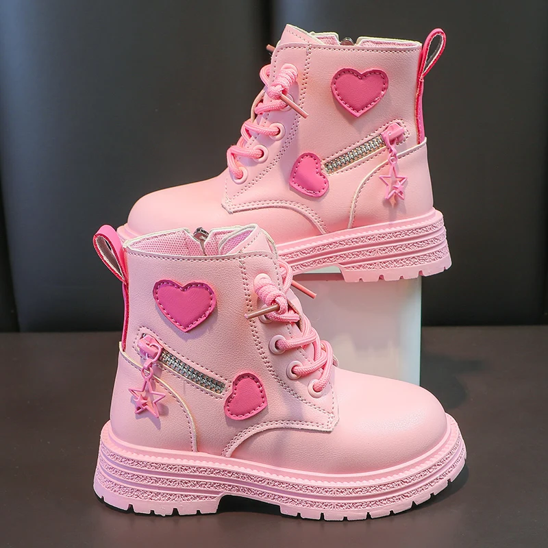 Buty dziewczęce Moda dziecięca Gumowe buty Cool Girl Jesień i zima Bawełna Miękka podeszwa Różowy z miłosnym zamkiem błyskawicznym Księżniczka Okrągłe palce PU