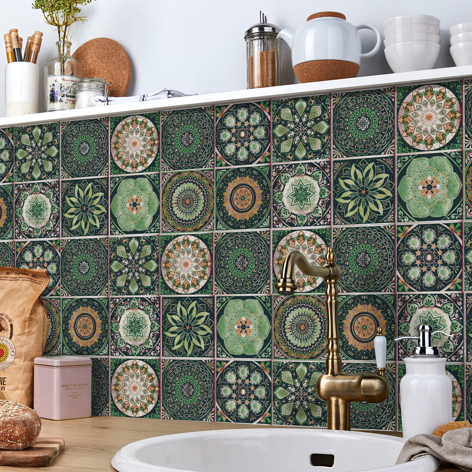 24 autocollants de carrelage auto-adhésifs brillants à motif Mandala rétro pour cuisine et salle de bain, autocollants muraux amovibles et imperméables