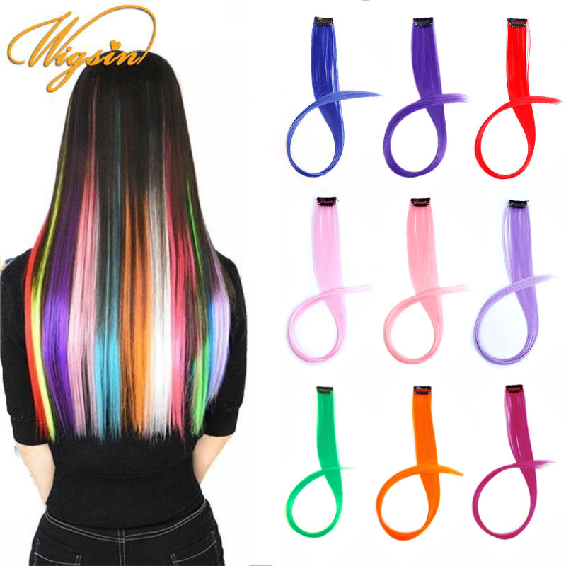 WIGSIN Synthetic Long Straight Hair Extension Rainbow Colorful Hairpiece Purple Red Blue Hairpiece For Women