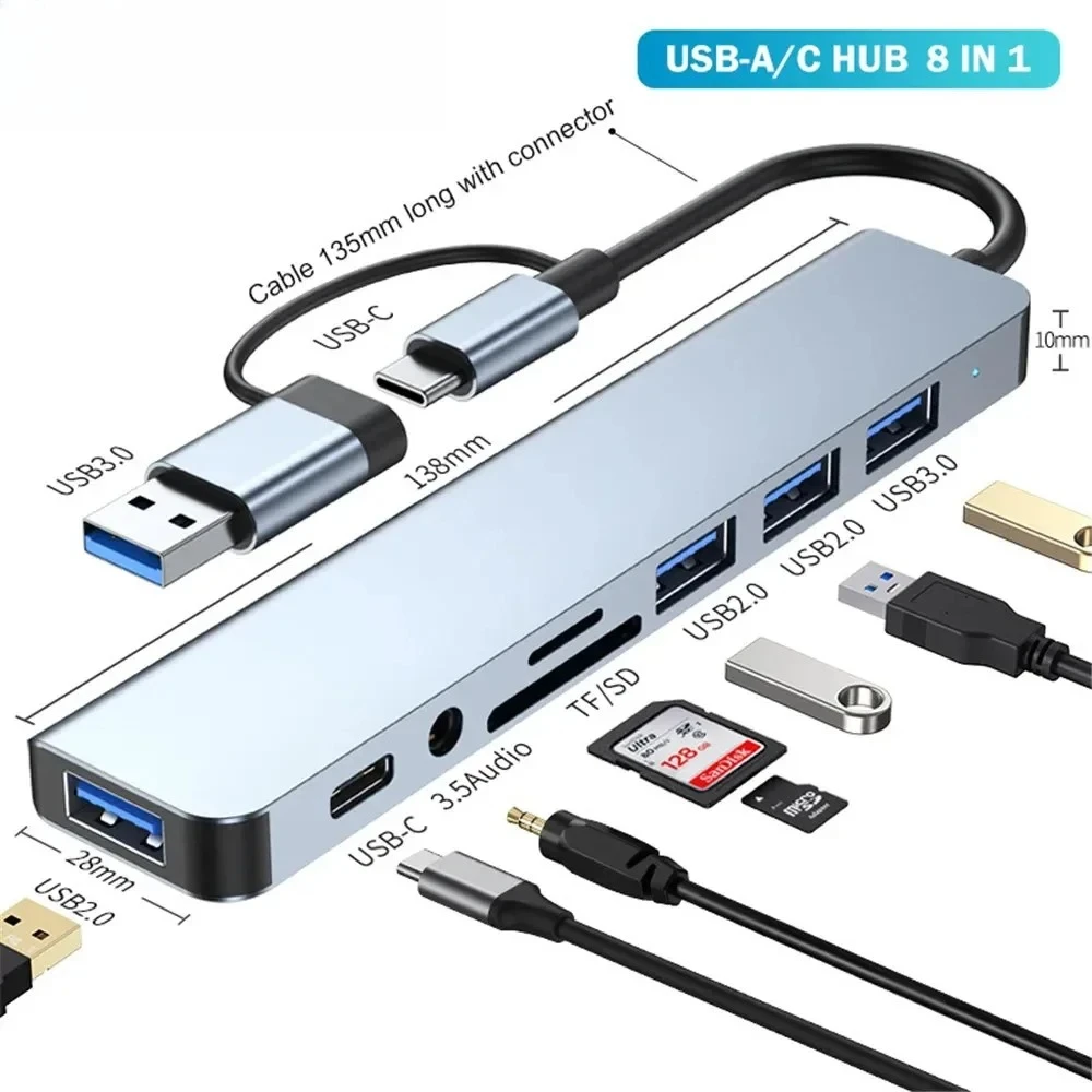 Expansor de concentrador USB C 8 en 1, adaptador multipuerto tipo C, base divisora USB de 3 puertos para teléfono Xiaomi, tableta, carga rápida de transferencia de datos