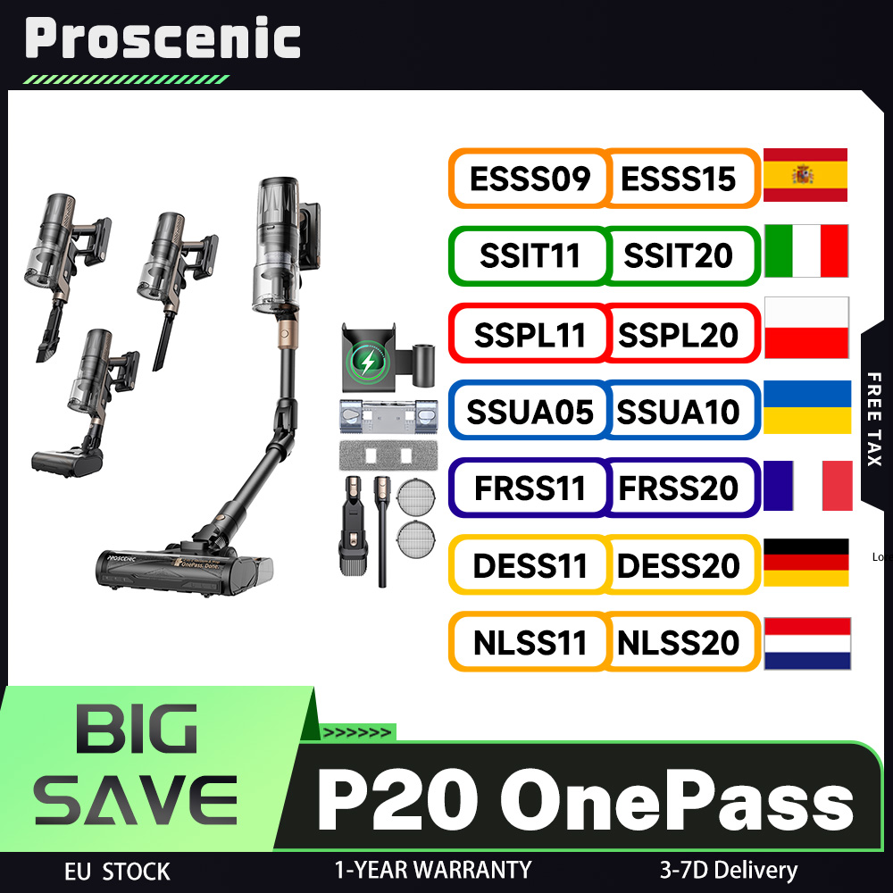 Aspirador de Pó Sem Fio Proscenic P20 OnePass, Sucção de 70000Pa, Motor Sem Escovas de 680W, 70 Minutos de Autonomia, 180 °   Tubo Flexível, Úmido e Seco