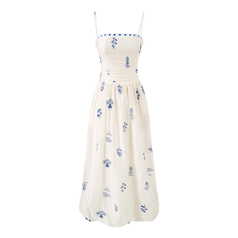 YENKYE Floral Embroidery Sexy Fit And Flare Sling Dresses Women Elegant Holiday Party Summer Dresses Beautiful Girl Midi Robe
