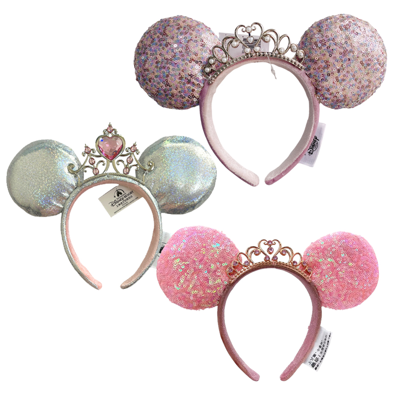 Diadema con orejas de lentejuelas de Mickey Mouse de Disney, corona de Disneyland, Cosplay de felpa verde menta, regalos de cumpleaños para adultos/niños