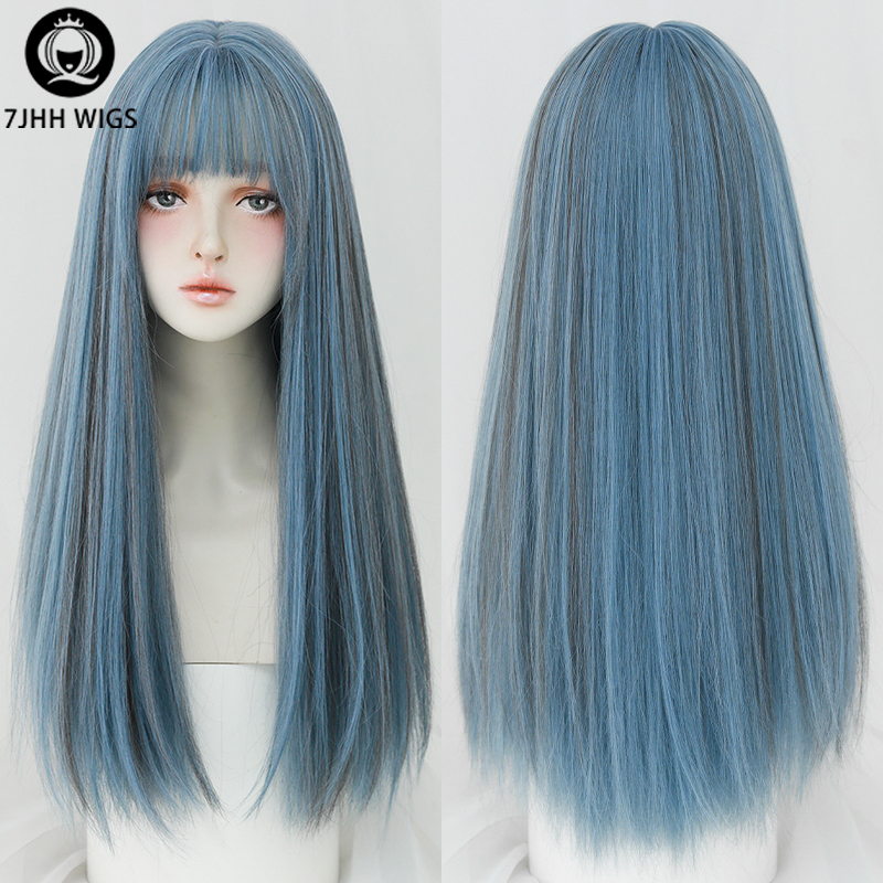 7JHH-pelucas largas y rectas con flequillo para mujer, pelo sintético azul ombré de ganchillo, peluca completa Afroamericana