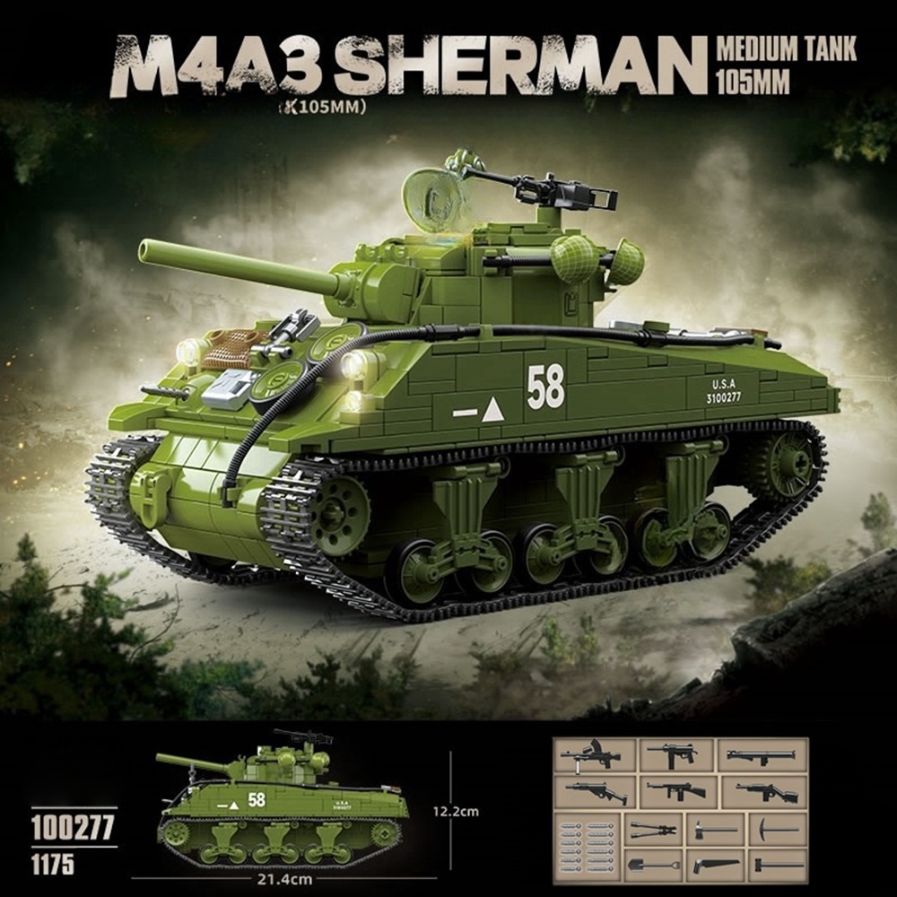  Modellino Carro Armato Medio M4A3 Sherman 105mm con Struttura Interna Completa, Giocattolo da Costruzione, Collezione DIY, Diorama, Regalo di Natale