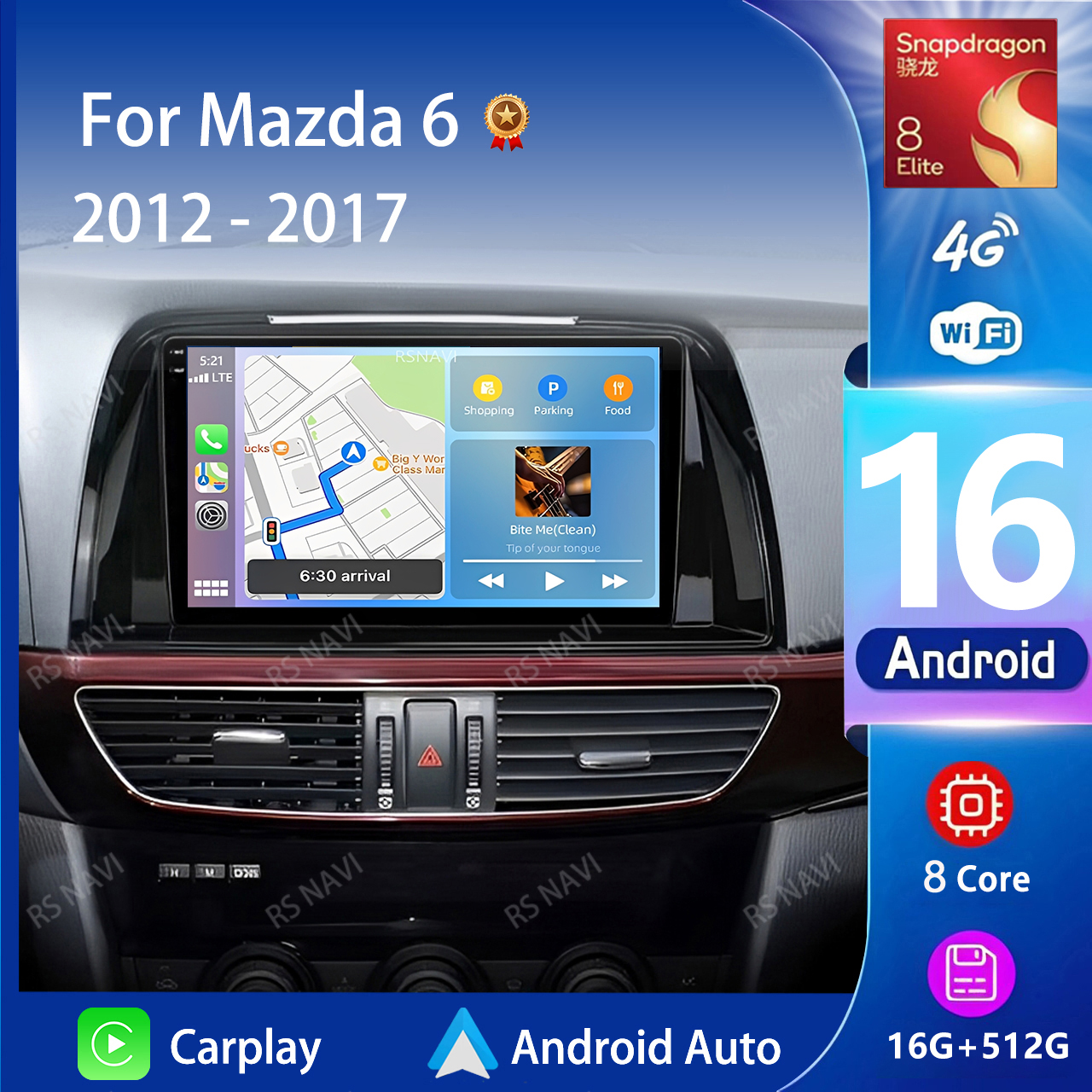 Radio samochodowe z Androidem 16, CarPlay, Auto, ekranem Qualcomm 2K QLED do Mazdy 6 2012-2017, GPS, Multimedia, Wifi, 4G, BT, Nawigacja, DSP