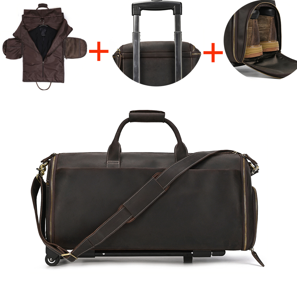 Luufan verrückte Pferd Leder Trolley Tasche mit Rädern Mann Geschäfts reisetasche Schuh tasche Kleidung Abdeckung passt Gepäck Reisetaschen