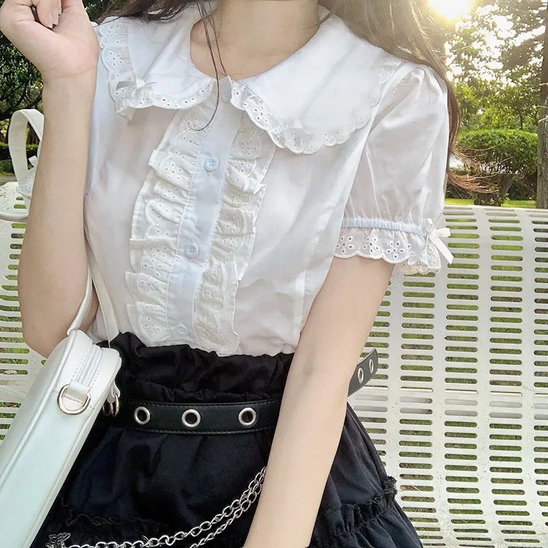 Deeptown Kawaii Лолита блузки белые женские милые кружевные топы рубашки с рюшами винтажные милые топы с пышными рукавами в японском консервативном стиле