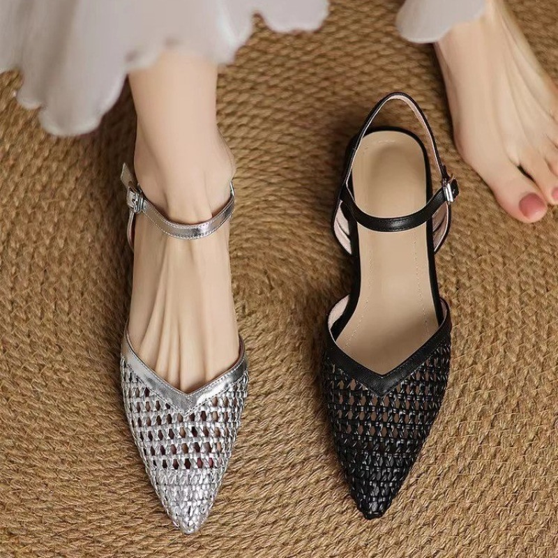 Franse geweven sandalen met spitse neus en hoge hakken, ademend mesh-leer, modieuze zomerschoenen met open teen en grote maten voor dames
