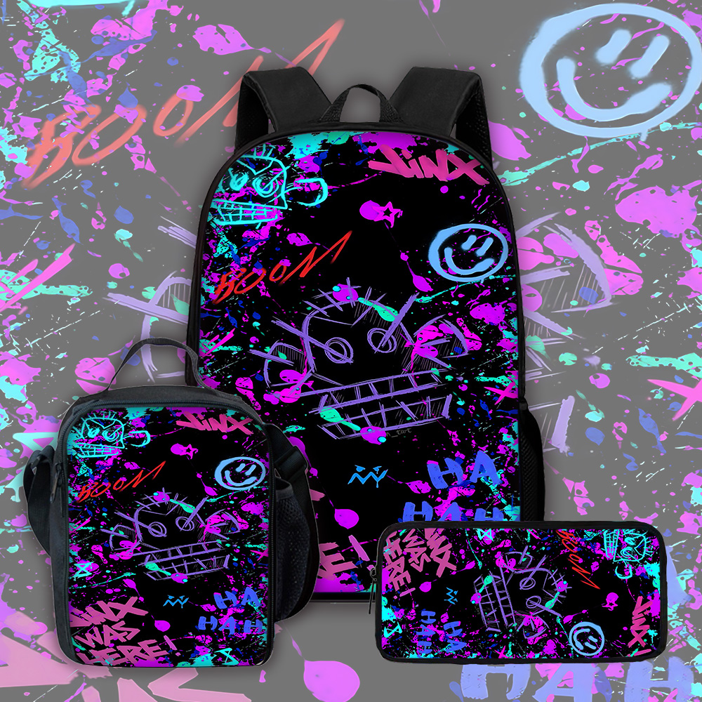 Cartoon Games Kinderschulrucksack mit Lunchtaschen, Bleistifttaschen, Schultaschen für Jungen, J-JinxS Graffiti-Mädchen, bestes Geschenk