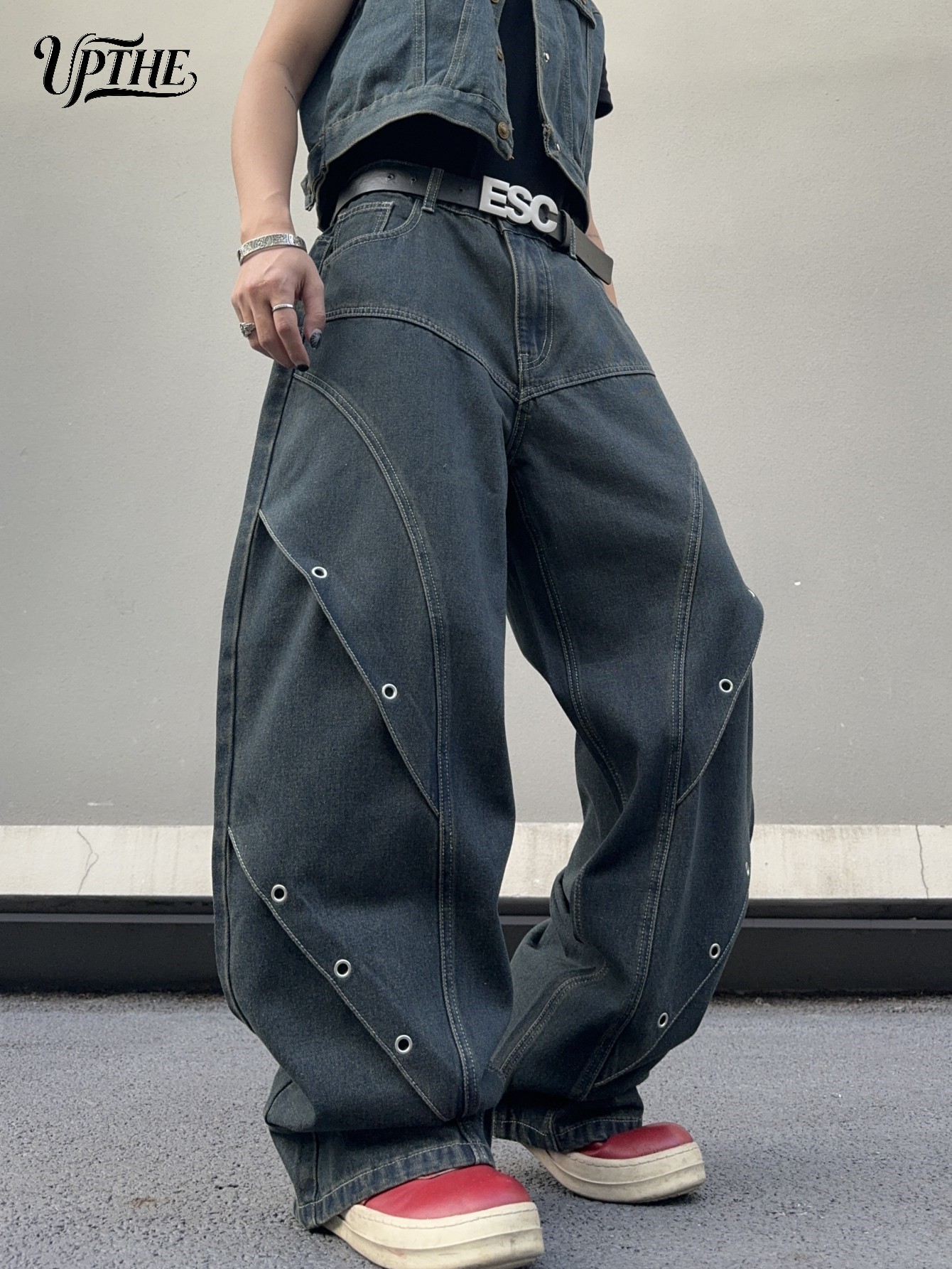 UP.THE Heren donkere raw denim baggy jeans met wijde pijpen, Y2K oversized losse gebogen denimbroek met gespleten oogjes, industriële streetwear-broek voor dagelijkse outfits