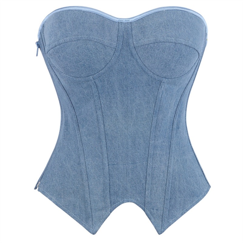 Zipper Sexy Bustier Corset Top Gothic Lace Up Denim Fabric Overbust Corselet Steampunk Body Shapewear Women Slimming Korset