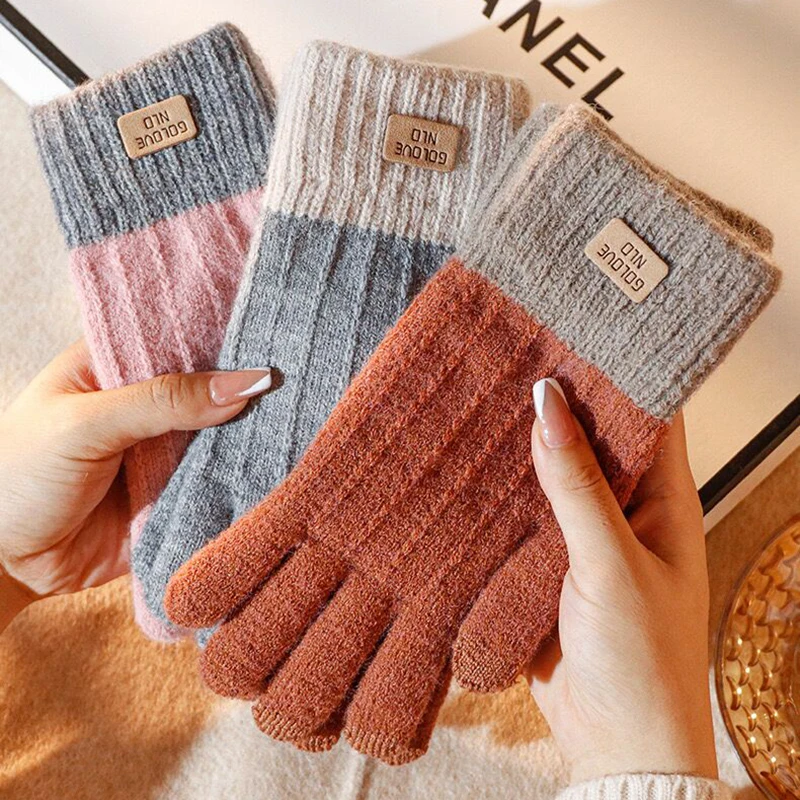 Winter Warm Knitted Full Finger Gloves Women Imitation Cashmere Thick Plush Touchscreen Mittens Outdoor Cycling Driving Gloves