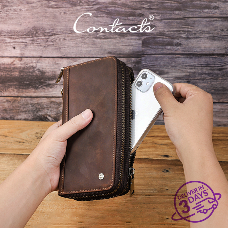 Bolsas de Couro Genuíno CONTACT'S para Homens, Clutch Vintage para Negócios, Carteiras, Porta-Cartões, Presentes para Viagem e Escritório