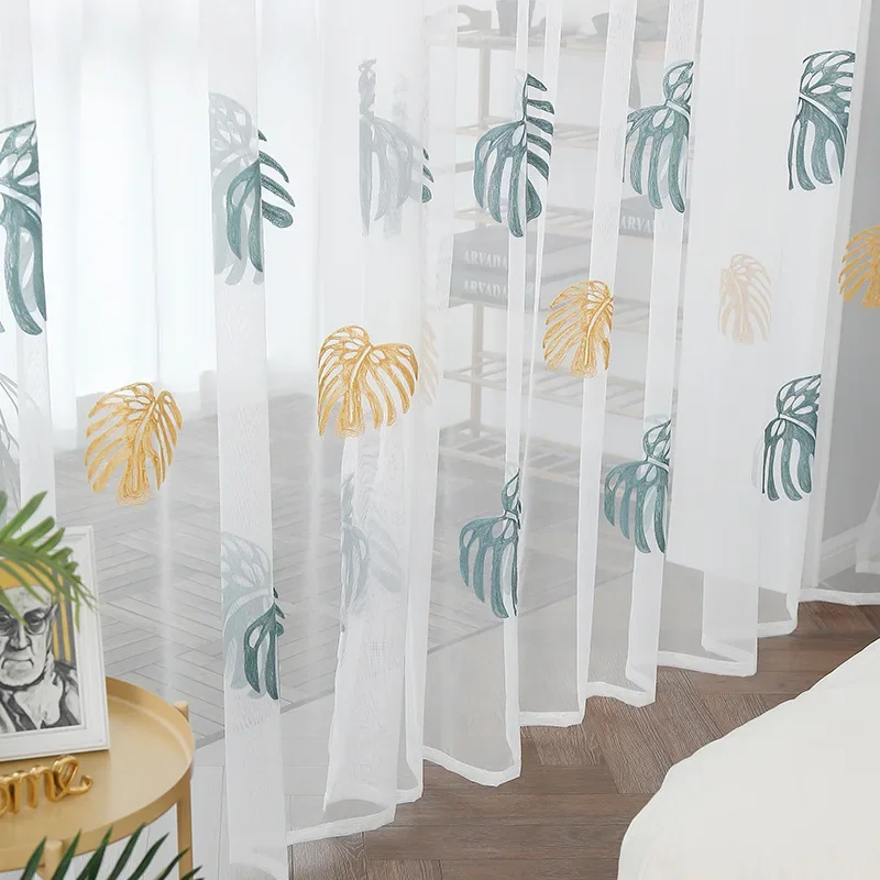 Simples branco tule sheer yarn gaze cortinas para sala de estar quarto transmissão folhas personalizadas janela luxo elegante personalizar