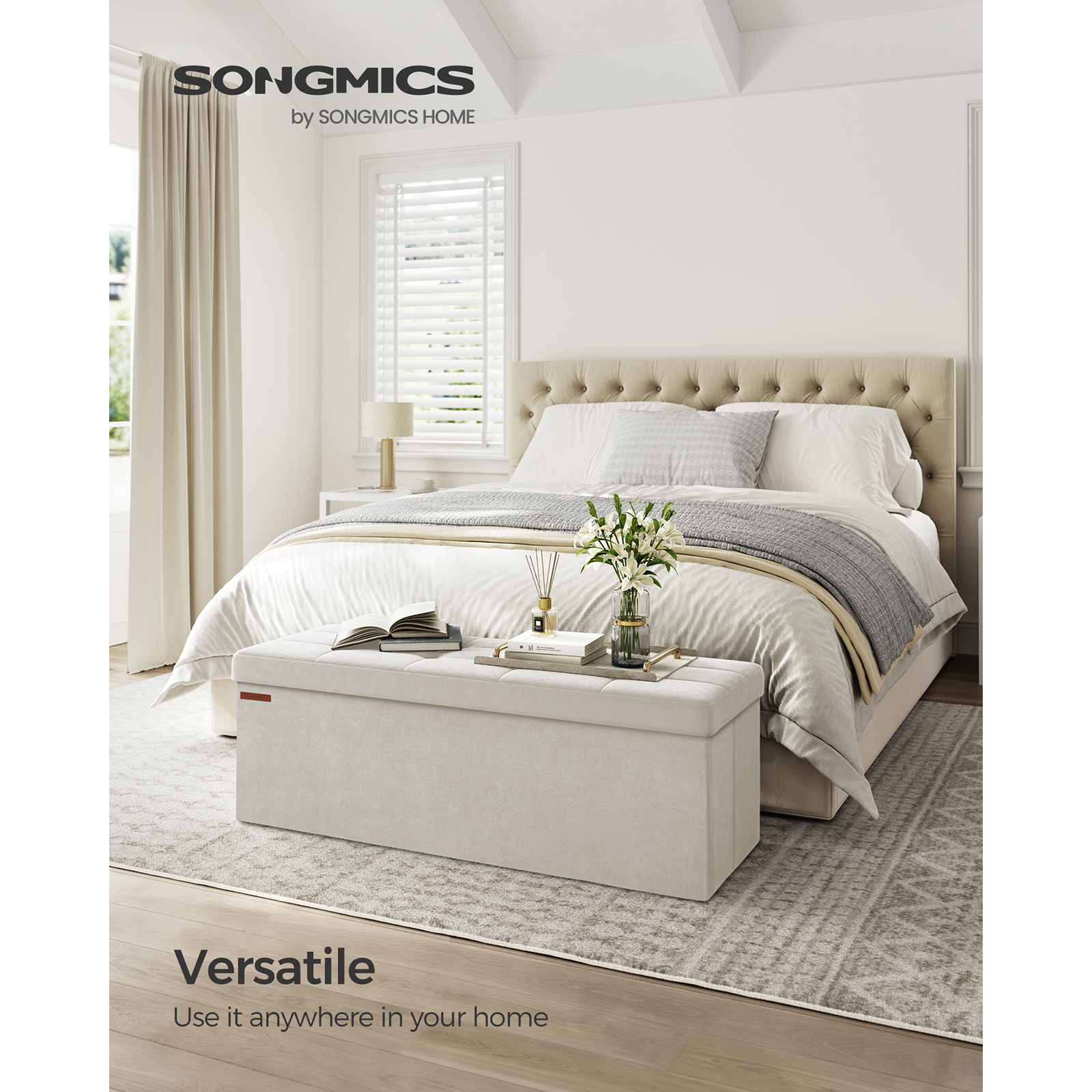 Pouf portaoggetti SONGMICS, poggiapiedi pouf pieghevole, pouf cubo con contenitore, per soggiorno, camera da letto, ingresso