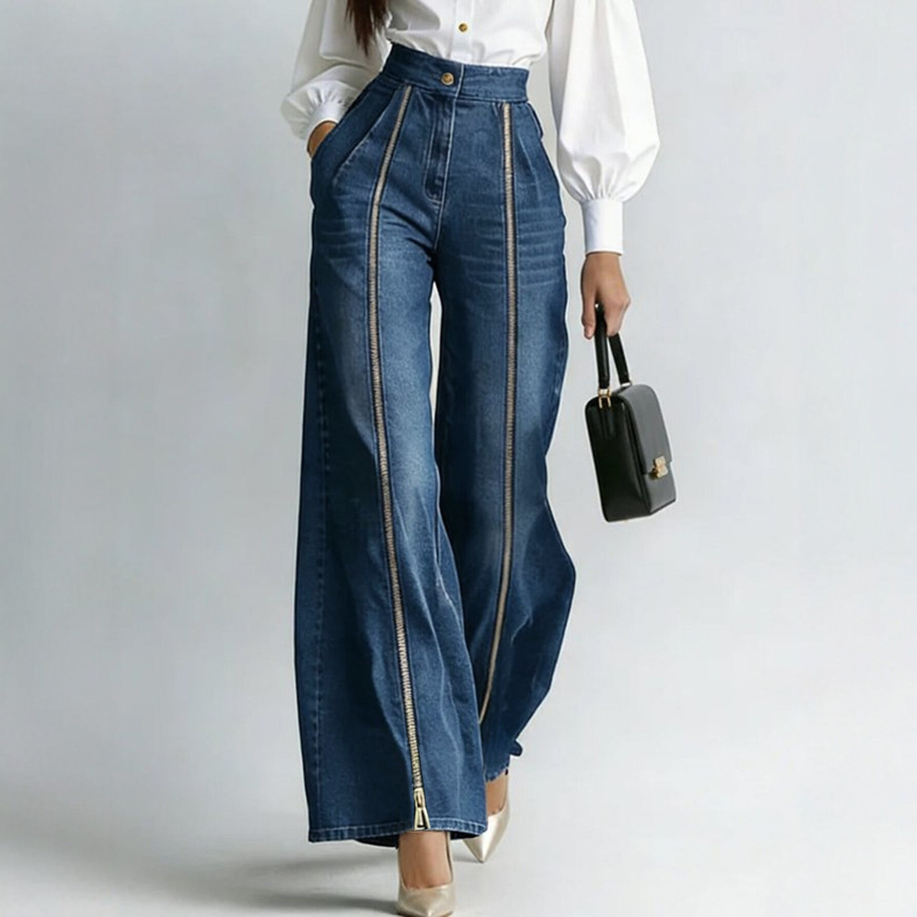 Hochgeschnittene Jeans mit Goldreißverschluss, Weites Bein, Gerade Passform, Lockere Denim-Hose, Gewaschene Casual Palazzo-Hose mit Taschen für Damen