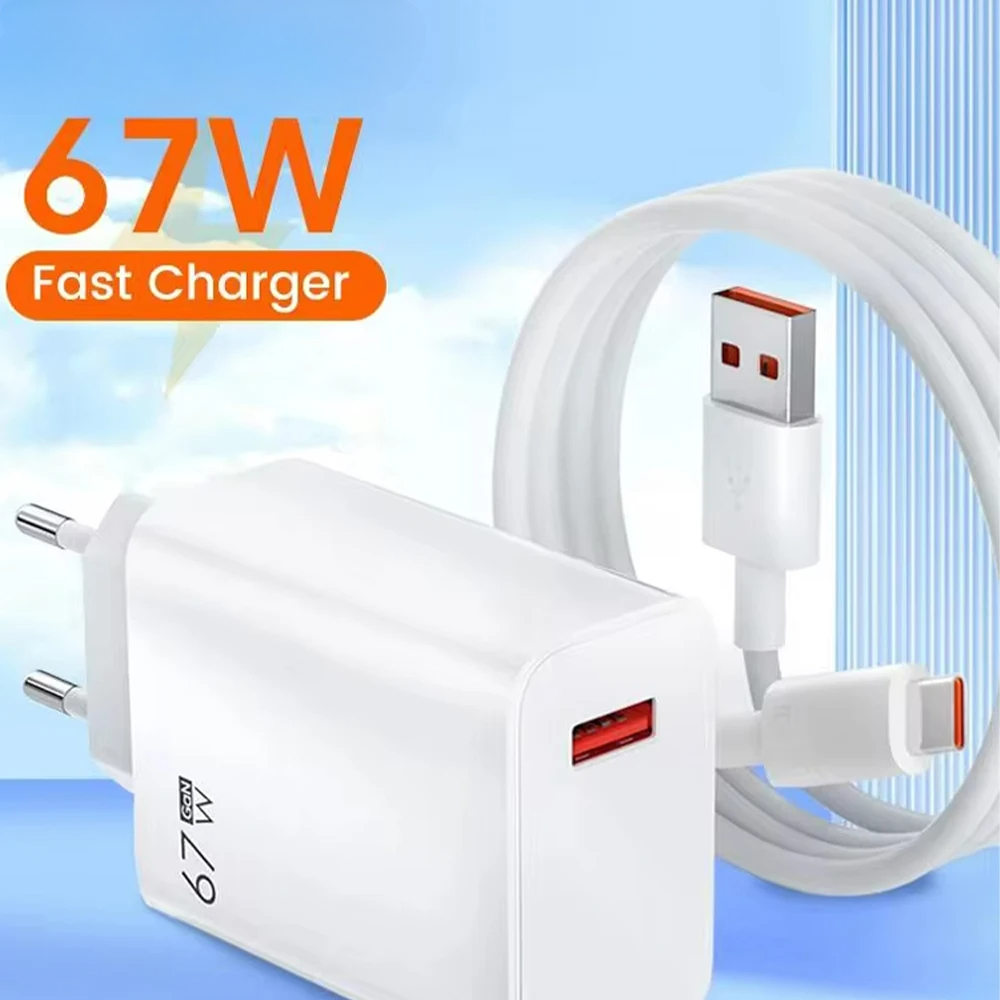 Ładowarka ścienna 67W GaN z szybkim ładowaniem, kabel USB-C 6A do szybkiego ładowania, wtyczka EU z funkcją szybkiego ładowania QC3.0 do Xiaomi 15 Redmi HUAWEI