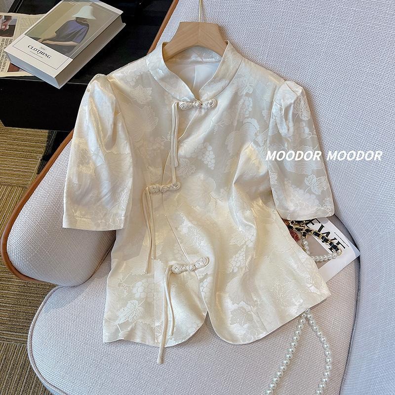 Camisa de manga corta de estilo chino para mujer, blusa Cheongsam elegante Retro de verano con botones de rana, Top Vintage informal transpirable