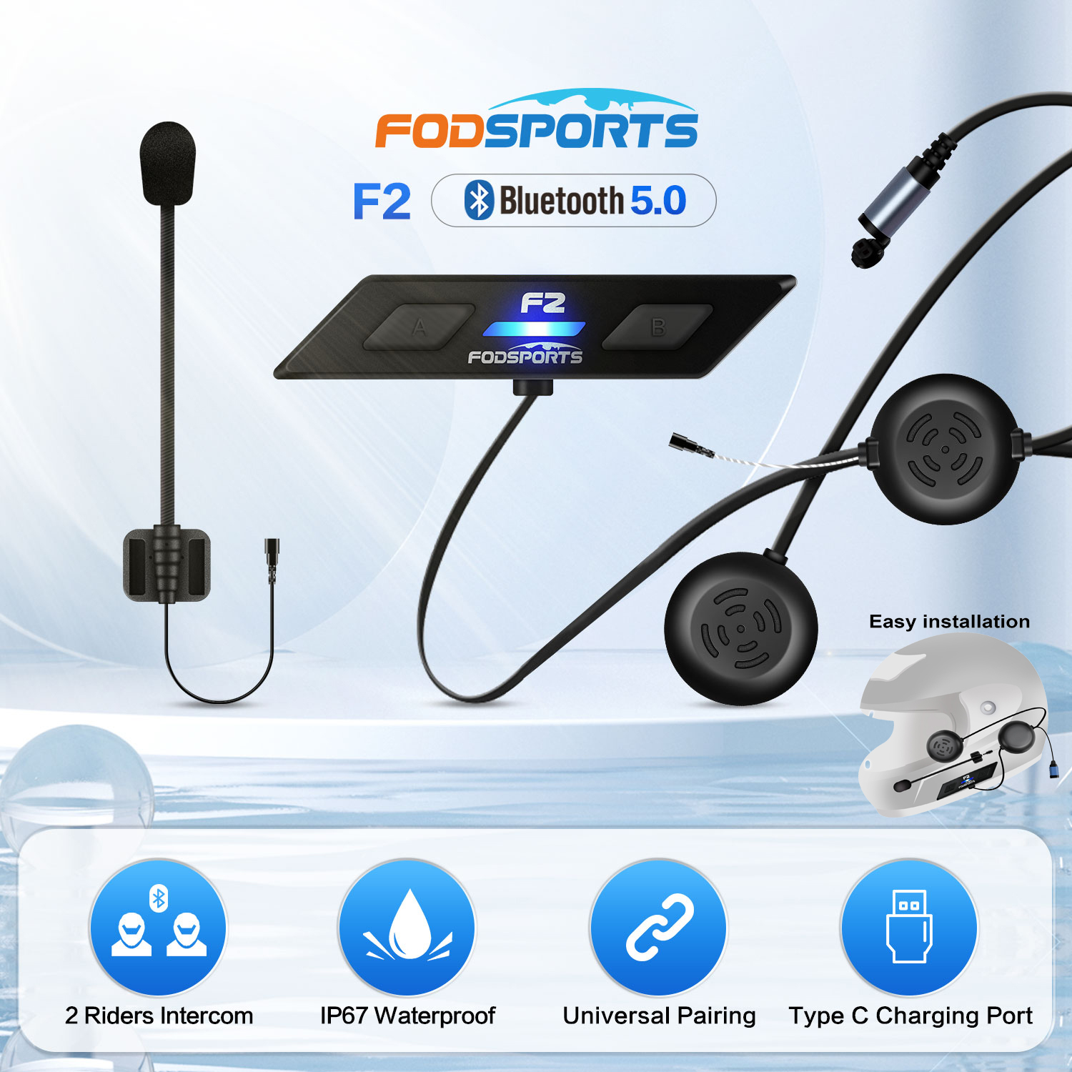 Fodsports F2 Motocyklowy Interkom Bluetooth do Kasku Bezprzewodowy Interkomunikator 1000m IP67 Wodoodporny