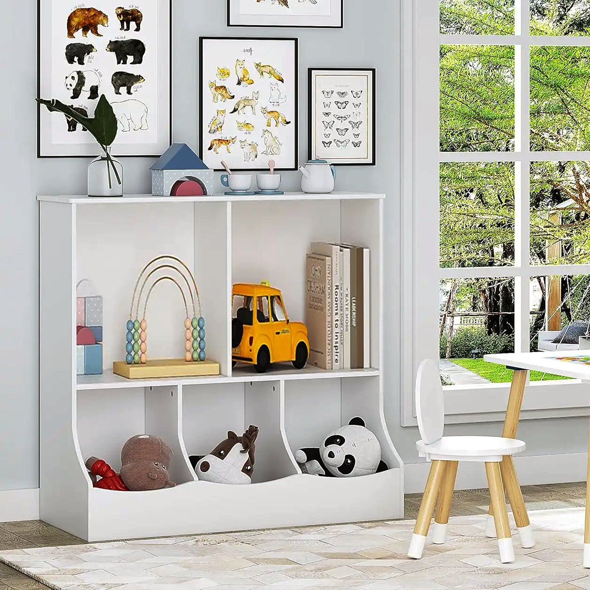 Organizador de almacenamiento de libros y juguetes, estilo abierto, 2 niveles, blanco
