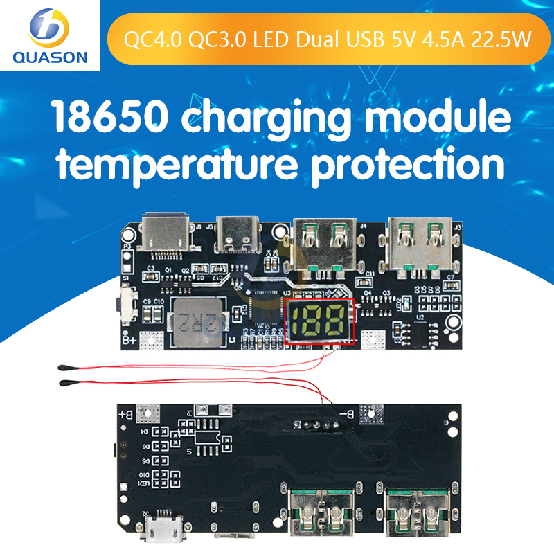 Banco de energía móvil QC4.0 QC3.0, módulo de carga Dual LED, 5V, 4.5A, 22,5 W, Micro/tipo C, protección de temperatura/circuito, 18650