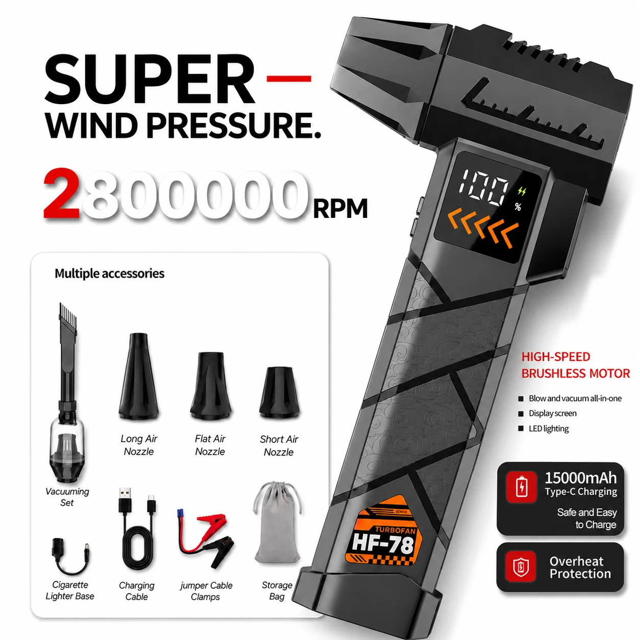 Super Powerful 2800000RPM Electric Jet Blower Cordless Compressed Air Vacuum Cleaner Car Emergency Power Supply