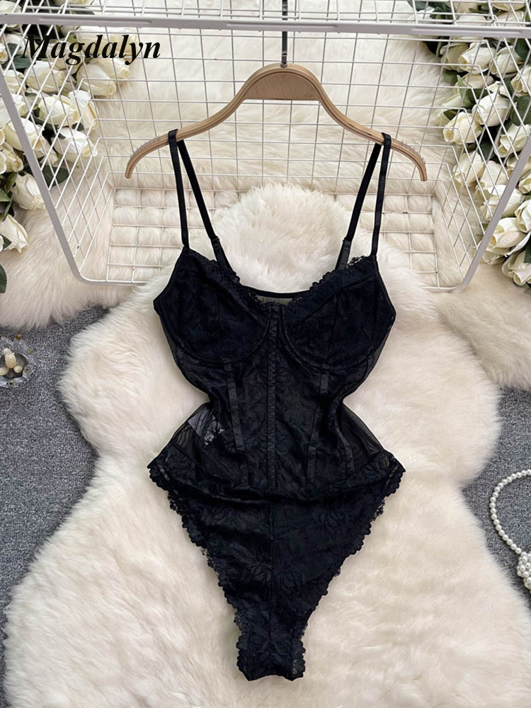 Magdalyn Frauen Blumen Mesh sexy Bodys Vintage intime Catsuit einteilige Kombination Overalls schwarz Bodycon Riemchen Stram pler