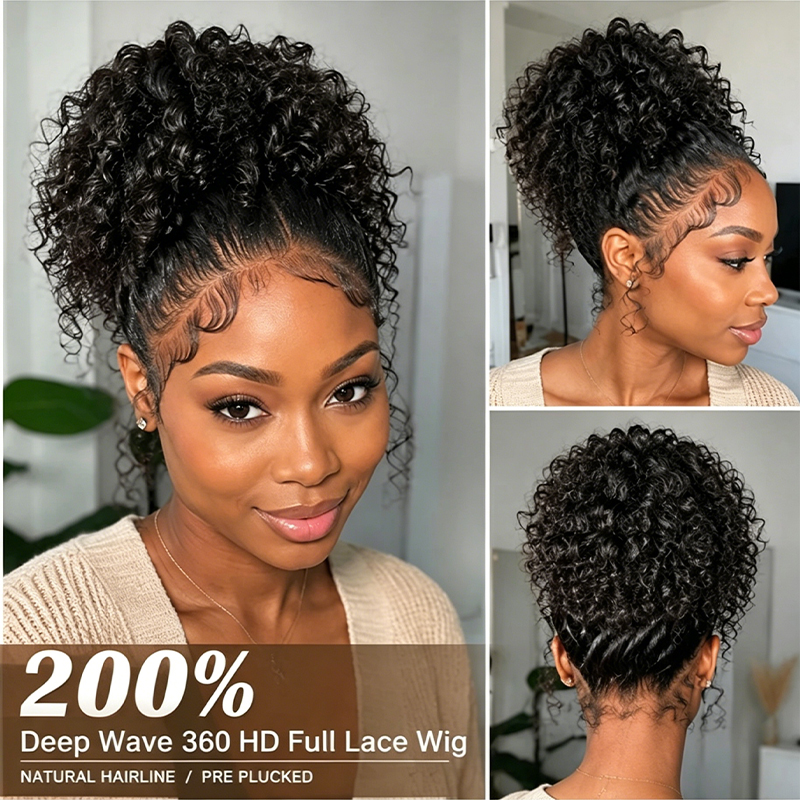 Peruca Cacheada 360 Full Lace de Cabelo Humano com Cordão Invisível, Peruca Frontal HD Lace com Ondas Profundas para Mulheres, Peruca de Cabelo Humano com Ondas Naturais Pretas