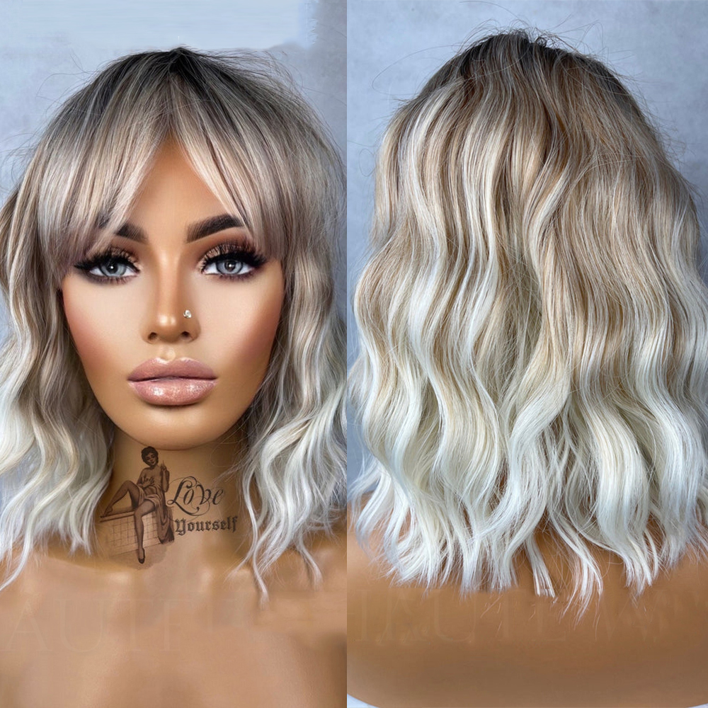 Peluca ondulada con flecos delanteros para mujer, pelo corto llamativo, Marrón rubio ceniza, Balayage, reflejos de rayas, 14 pulgadas, Bob