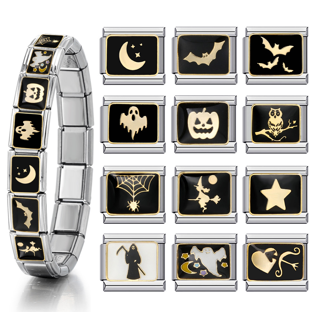1pc y2k bonito gótico italiano charme pulseira de aço inoxidável diy fazendo fantasma abóbora aranha morcego halloween moda jóias