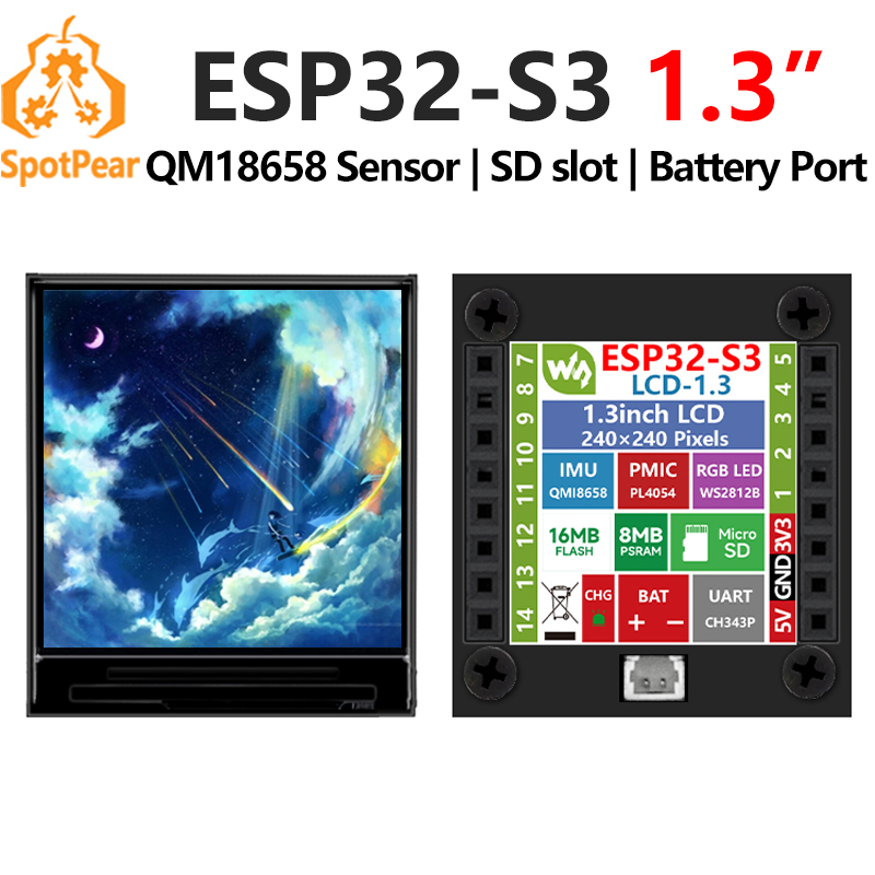 ESP32-S3 1,3-calowy wyświetlacz LCD Ekran 1,3 cala ST7789 240x240 Mini TV Port SD QST QMI8658 Czujnik żyroskopowy LVGL